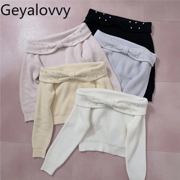

New Spring and Autumn Sweet Cute Girl's Pearl Bow Off-Shoulder Short Sweater Elegant Versatile Long-Sleeve Knitted Pullover