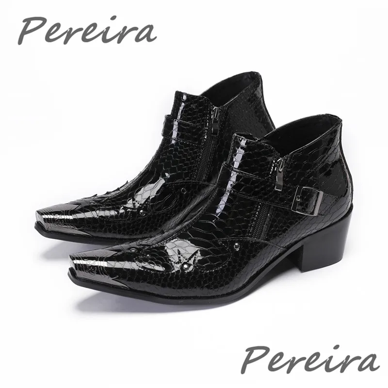 

Black Patent Leather Snake Pattern Chelsea Boots Men's Metal Pointed Toe High Heel Short Boots Fashion Party Banquet Male Shoes