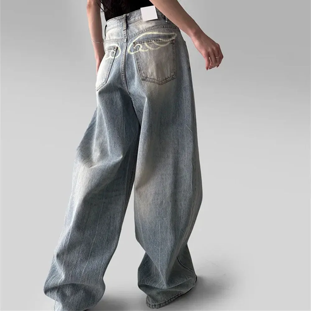 

Wing Print Pattern Women's Denim Pants Vintage Style Denim Pants High Elastic Spice Girls Trousers Casual Style Pants