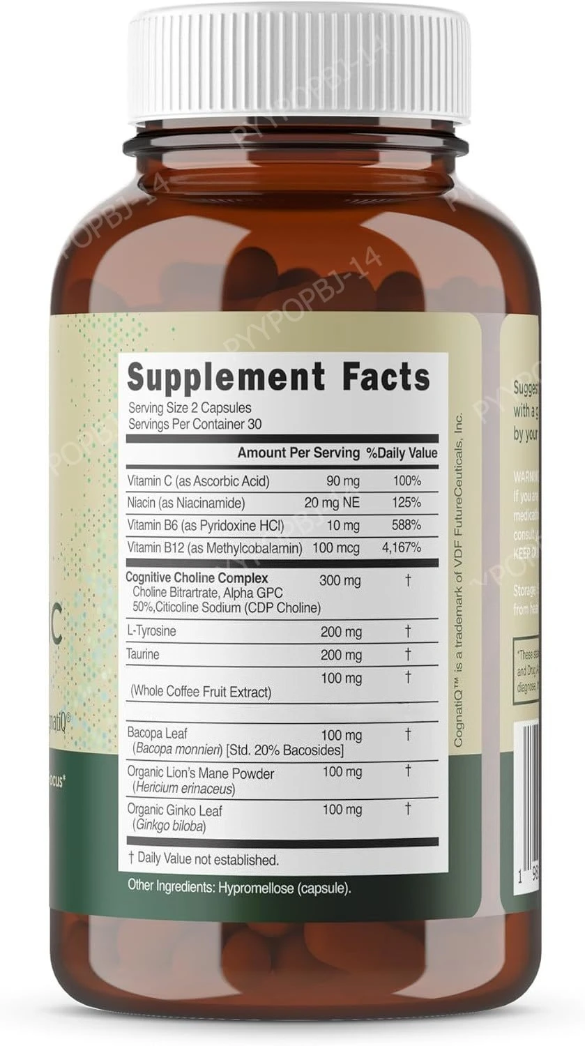Daily Nootropic Wellness Capsules Choline Complex B Vitamins Tyrosine Taurine Bacopa Lions Mane Ginkgo 60 Count Vegan for Adults