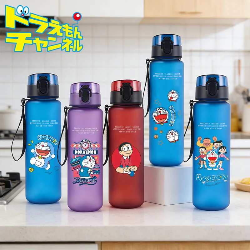 Garrafa de Água Esportiva Doraemon de 650 ML, Copo Plástico à Prova de Vazamentos, Impressão de Anime, Portátil para Academia e Fitness