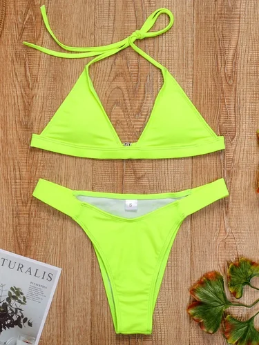 Imagen 2 del producto Bikini brasileño con Tanga y cuello Halter para mujer, traje de baño femenino de dos piezas, conjunto de Bikini de corte alto, color verde neón, 2026