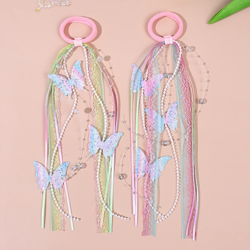2Pcs Glitter Buttefly Elastic Nylon Hair Ties with Lace Long Tails Ponytails Holder Headband