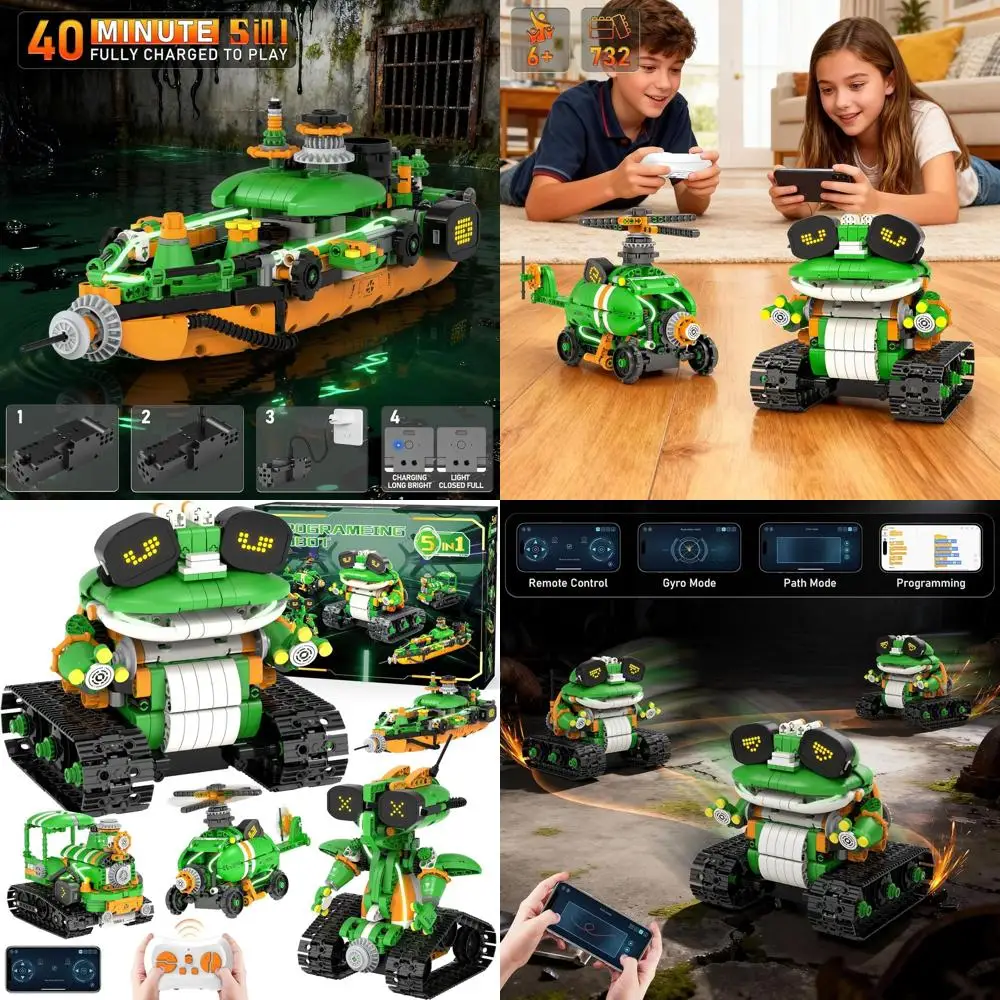 مجموعات الروبوتات الجذعية بعمر 6-12 عامًا: مجموعة بناء الضفدع للجرارات 5 في 1 للتحكم عن بعد والتطبيقات، لعبة تعليمية مكونة من 732 قطعة للأطفال