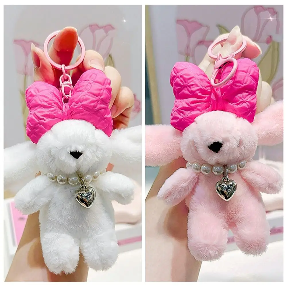 Bowknot Fluffy Bunny Keychain Chubby Cartoon Animal Rabbit Fur Keyring Furry with Loveheart Necklace Rabbit Plush Dolls