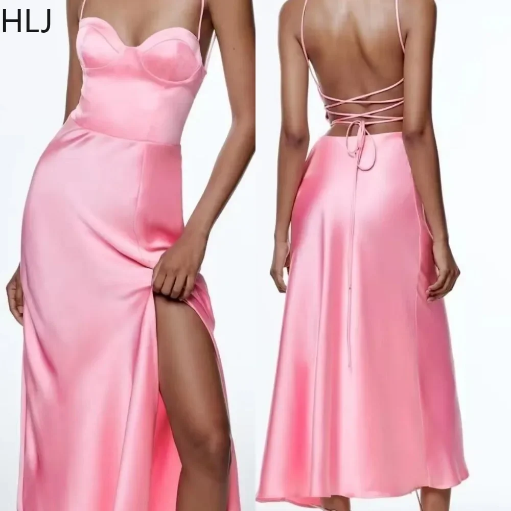

HLJ Elegant Lady Satin Evening Party Suspended Dress Women Thin Bandage Backless Side Slit Vestidos Fashion Lace Up Club Clothes