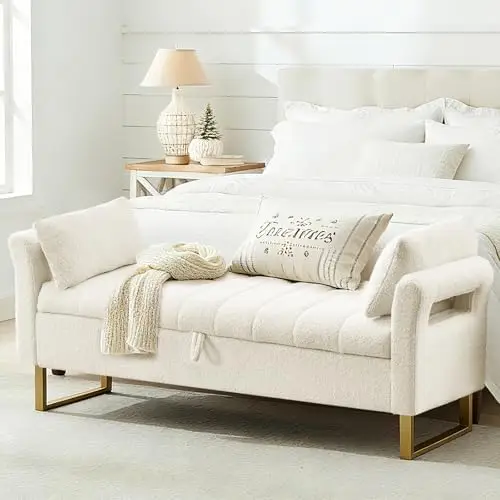 66'' King Size Storage Bench for Bedroom End of Bed, Bedroom Benches for Foot of Bed King with Gold Legs, Ivory White