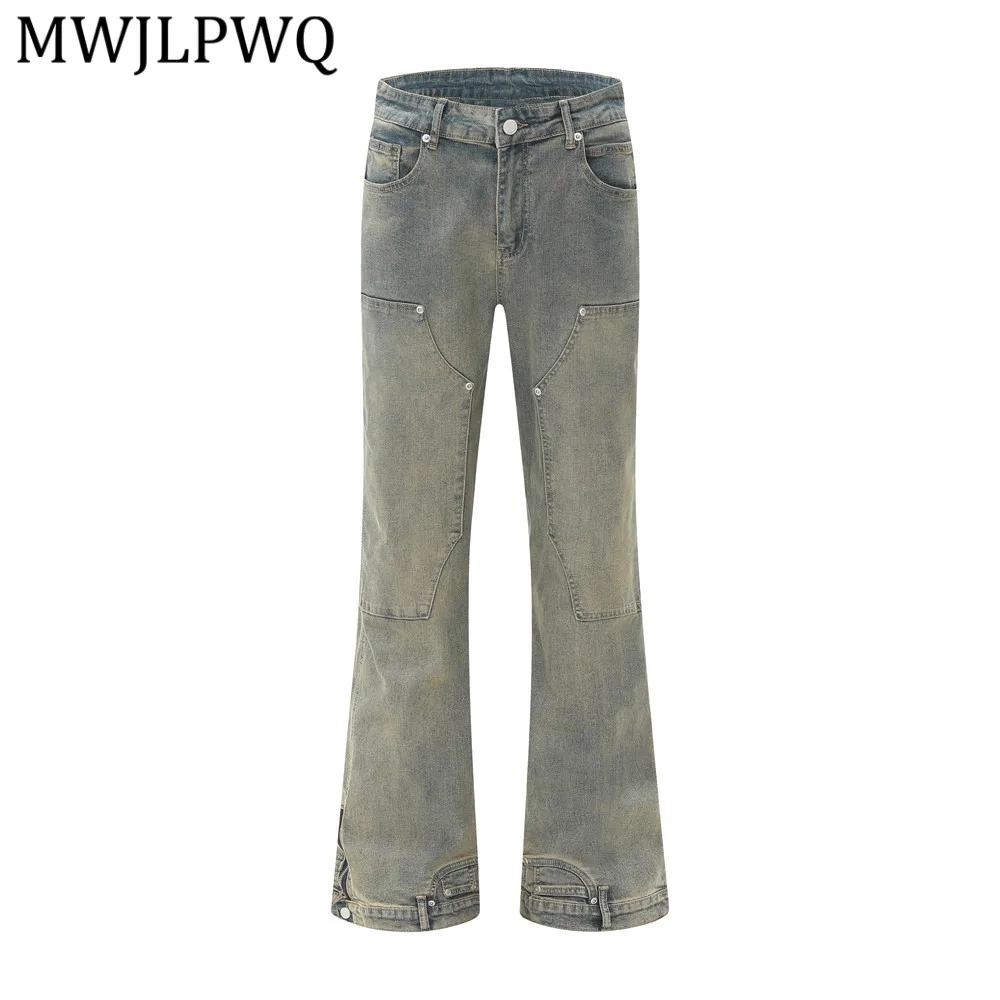 

MWJLPWQ Reverse-Wear Washed Flared Men's Jeans Patchwork Trendy Design Sense Workwear Personality Vintage Spring Trousers 14192