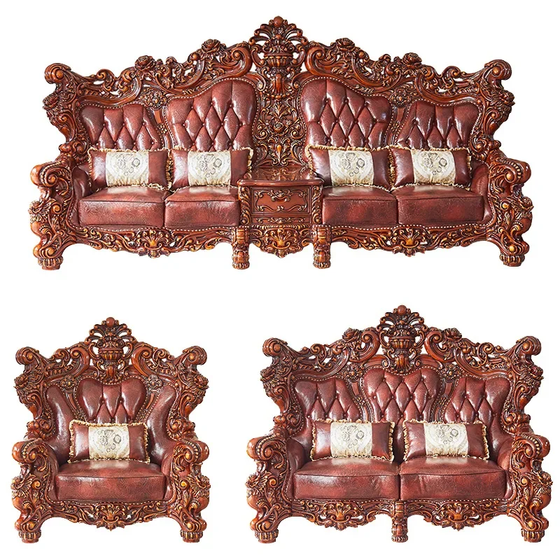 

Leather 124 combination solid wood double-sided carved first layer cowhide French sofa