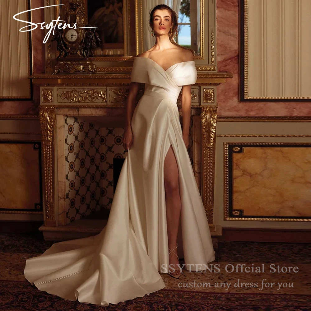 SSYTENS Elegant Off the Shoulder Wedding Dresses Floor Length Bride Dress Side Slit Good Quality Satin Bridal Gowns Customized
