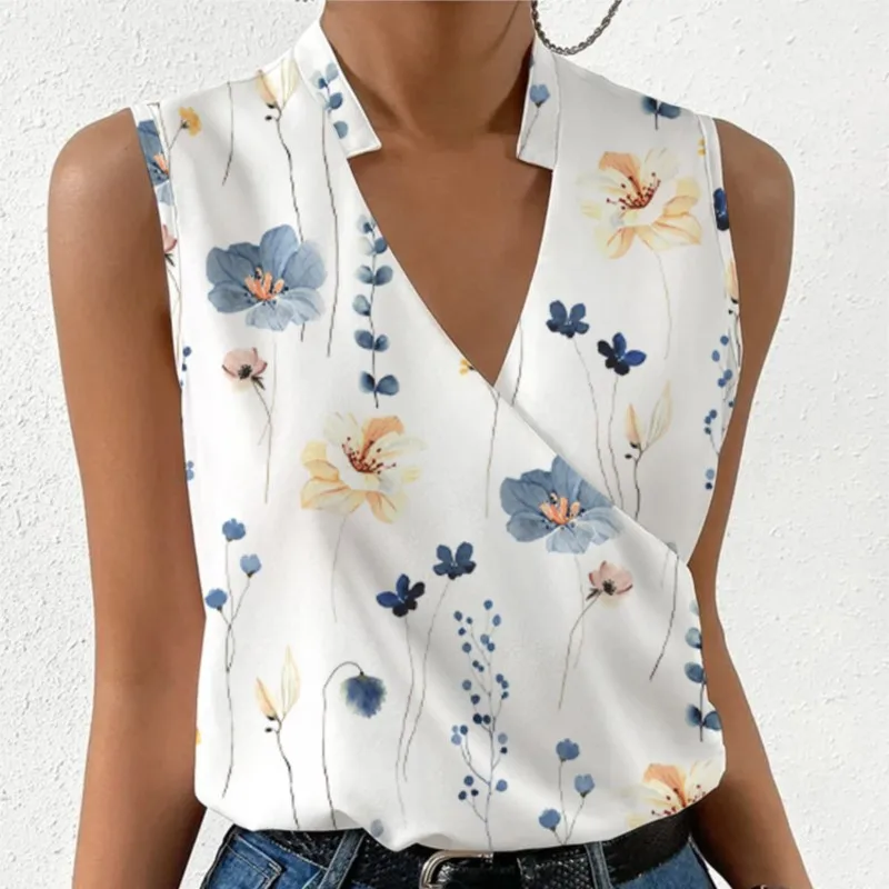 Summer New Women\'s Floral Printed V-Neck Sleeveless Top Shirt Casual Office Lady Pullover Slim Blouse Femme Blusas