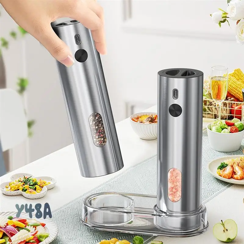 

Automatic Stainless Steel Salt And Pepper Mills, Rechargeable With Base, 110Ml Grinder Set-Y48A