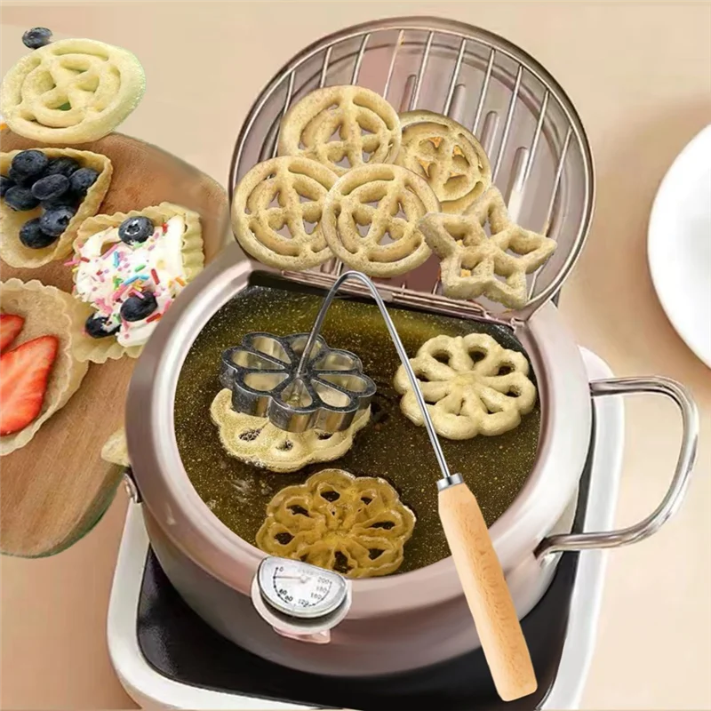AS94-5 Pcs Bunuelos Mold Set With Handle Cookie Cutters Aluminum Alloy Waffle Mold Set With 4 Interchangeable Heads Easy To Use