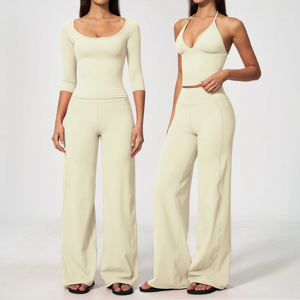 Women's 2PCS Yoga Set 3/4 Sleeve Halter Crop Tops High Waist Flare Pants Push Up Gym Clothing Workout Running Fitness Activewear