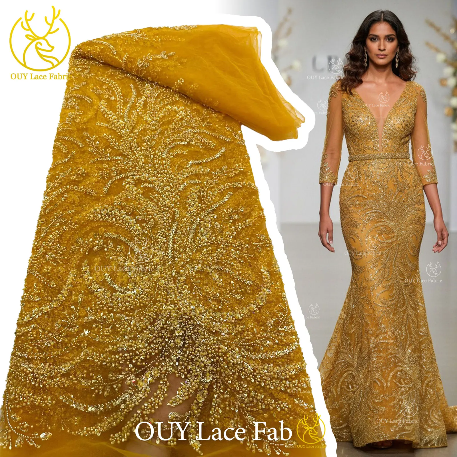 

Luxury Golden African Sequins Lace Fabric High Quality French Groom Embroidery Beaded Lace Fabric Nigerian For Women Party Dress