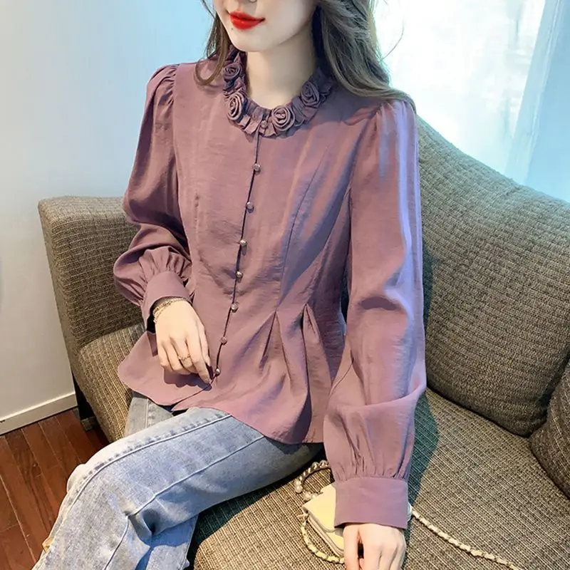 sweet O-Neck Spliced Ruffles Folds puff sleeve Shirts Female Clothing 2024 autumn winter New Loose All-match Tops Chic Blouses