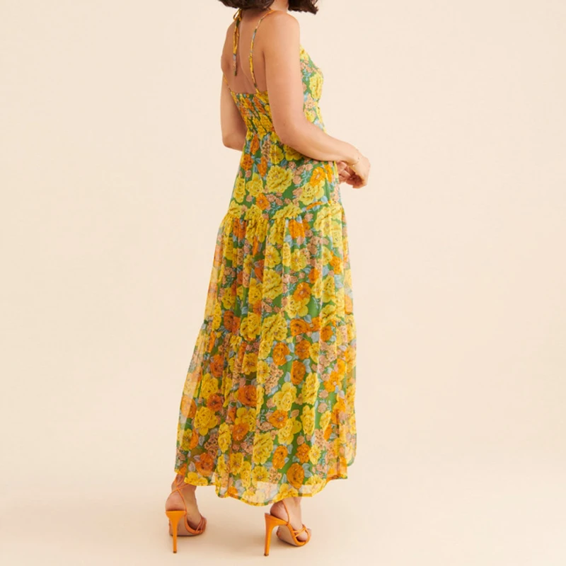 Maemukilabe 花柄カットアウトマキシドレスボヘミアンフロントタイアップ流れるドレス女性のための夏の背中の開いた A ラインドレス休暇