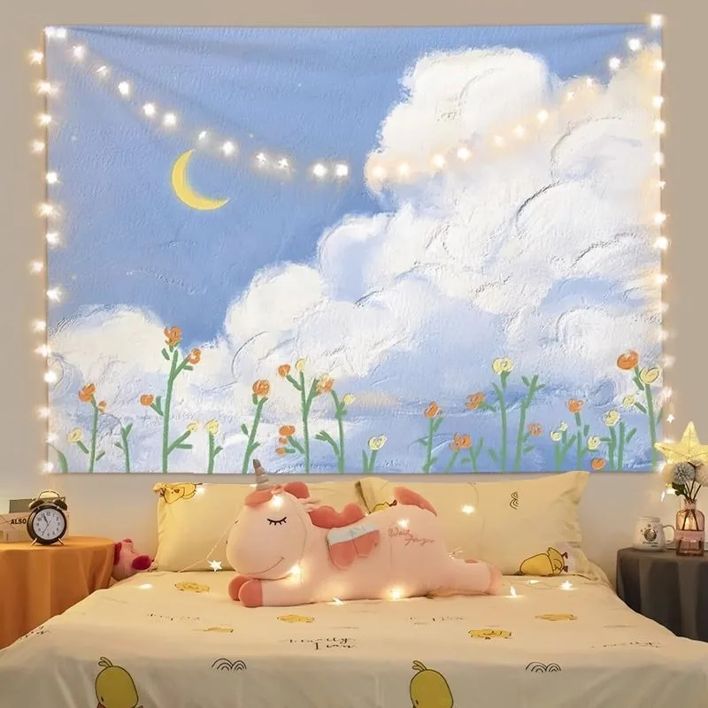 Dreamy Moon & Sea Tapestry, Pink Aesthetic Room Wall Decor