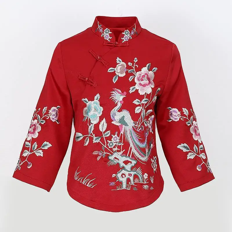 Ethnic Style Tang Suit Coat Retro Embroidery Button Chinese Top Women's Top Elegant Loose Blouse Spring and Autumn