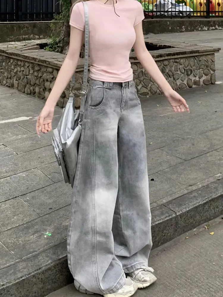 Jeans leggeri con coltello a gamba larga Pantaloni da donna a vita alta con taglio dritto fino al pavimento American Sle Winter Nuovo design