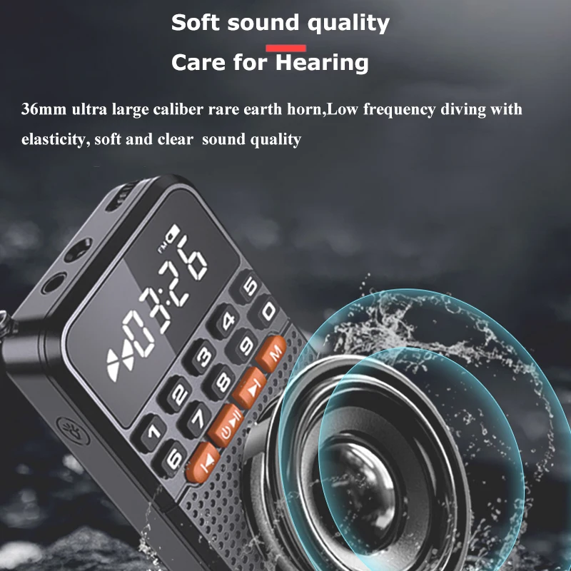 Mini Portable Bluetooth 5.0 FM Radio Dual Antenna Pocket Radio Receiver Speaker TF Card Music Player with LED  Flashlight