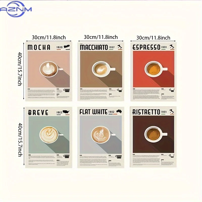 Six Pieces of American-Style Coffee Latte Art Decorative Paintings, Wall Art Canvas Prints, Home Decor for Living Rooms, Bars, A
