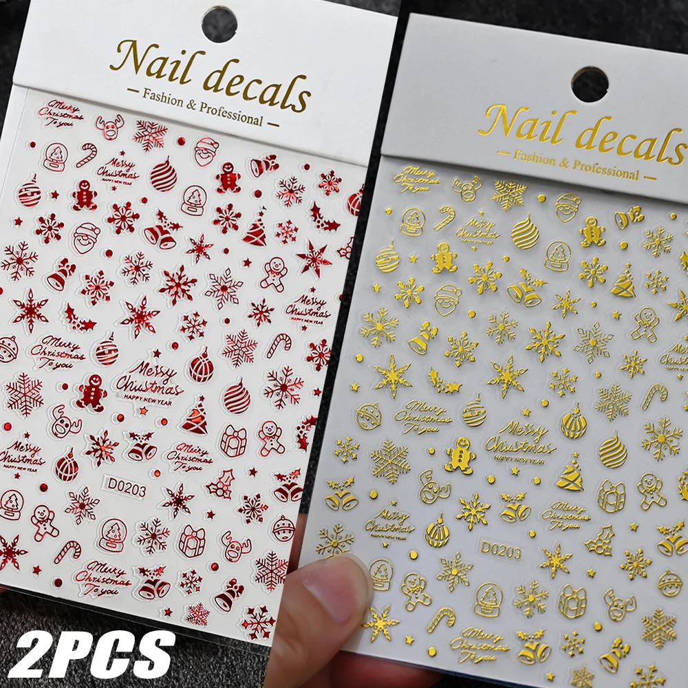 2Sheets Sparkling Snowflakes Christmas Nail Stickers Golden+Red Christmas Tree Bowknot Merry Christmas Self-Adhesive Nail Slides