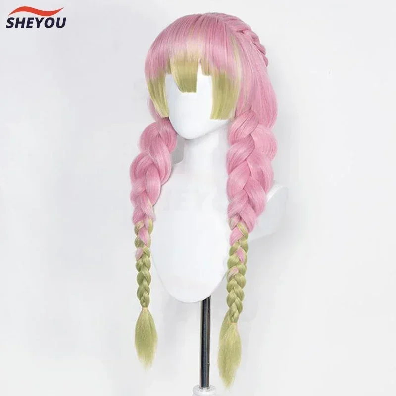 2025Halloween Anime Mitsuri Kanroji Cosplay Pruik Lange Roze Groene Vlecht Hittebestendig Haar Authentieke Cosplay