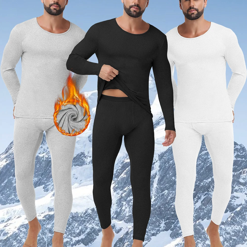 Mens Thermal Underwear Set Winter Autumn Long Johns Round Neck Long Sleeve Top Elastic Waist Bottom for Cold Weather Heating​