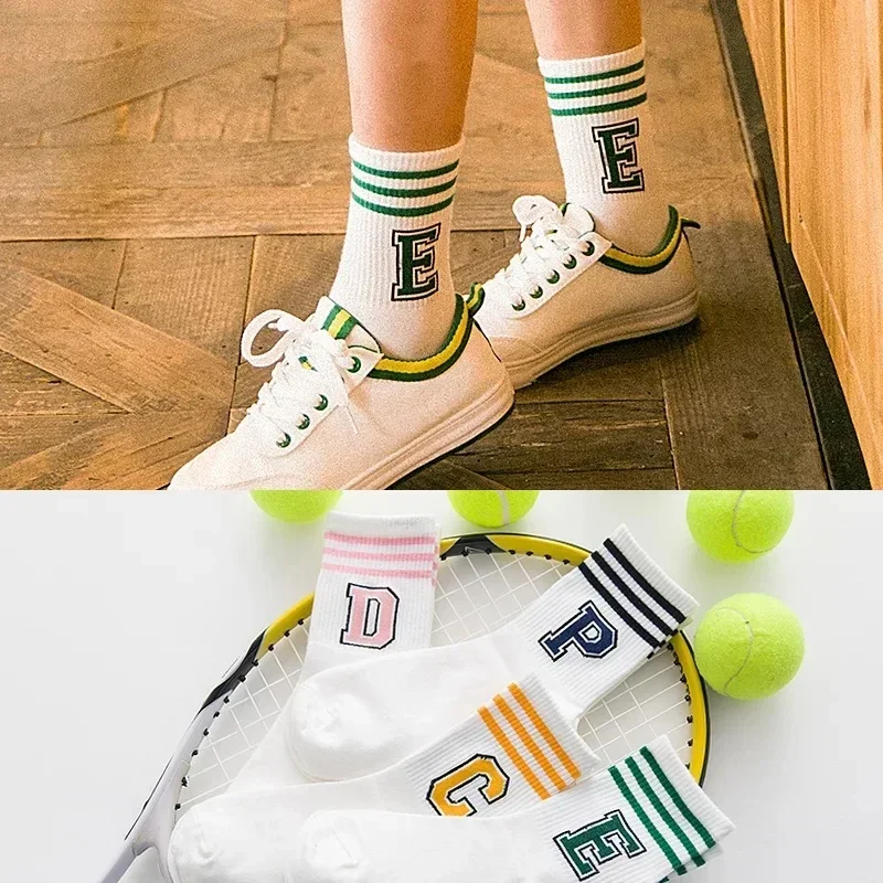 Striped Letter Sports Short Socks for Women Girl Fashion Harajuku Cotton Socks Casual Female Skateboard Socks Sox Cool Black Sox