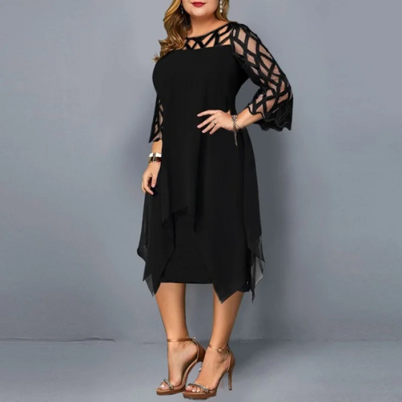 L-5XL Elegant Casual Dresses for Women 2023 Summer Clothing Plus Size Seven Sleeve Mesh Lace Party Midi Dress Dropshipping