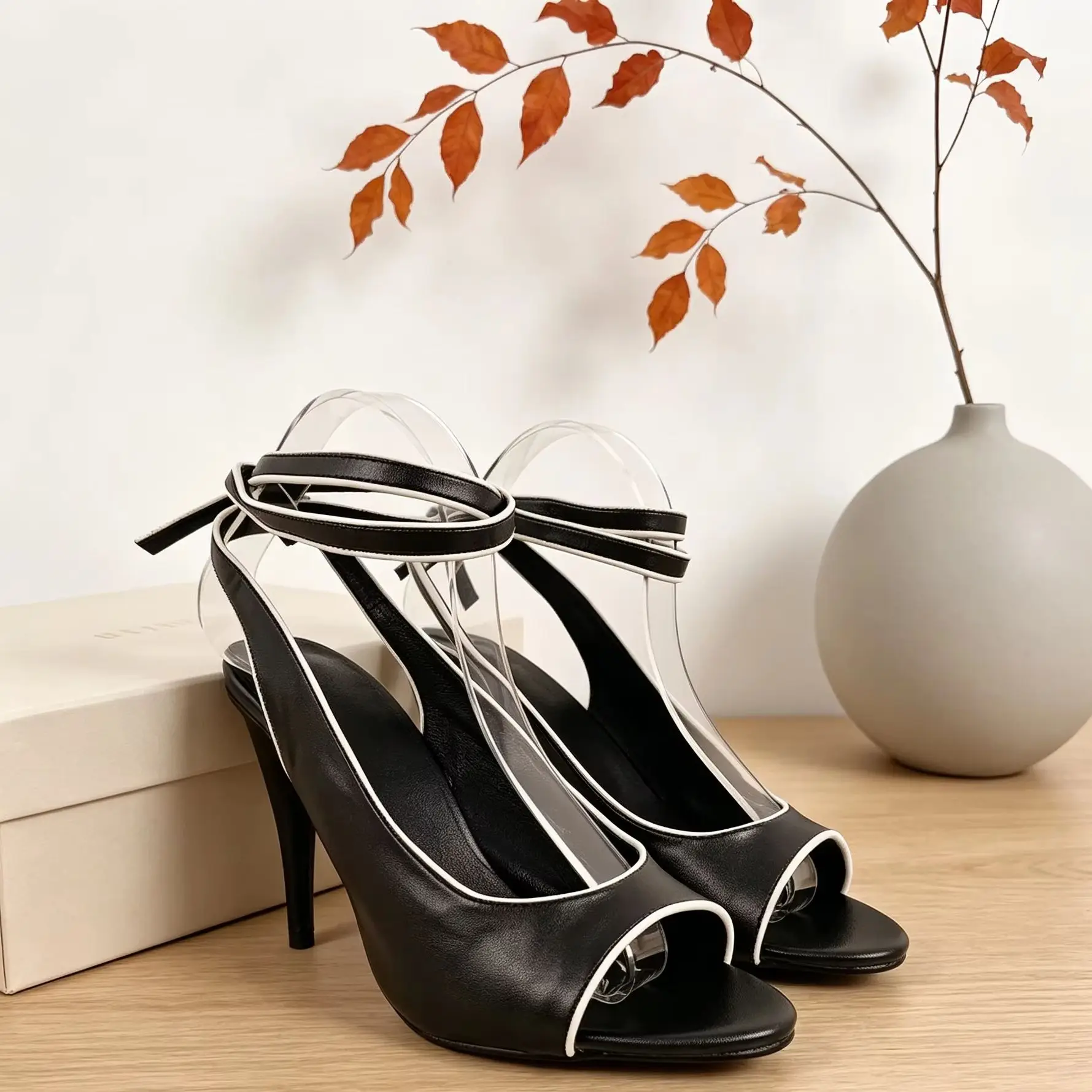Black Leather White Contrast Trim Women Stiletto High Heel Pump Sandal Summer Peep Toe Lace Up Daily Ankle Strap Elegant Shoes