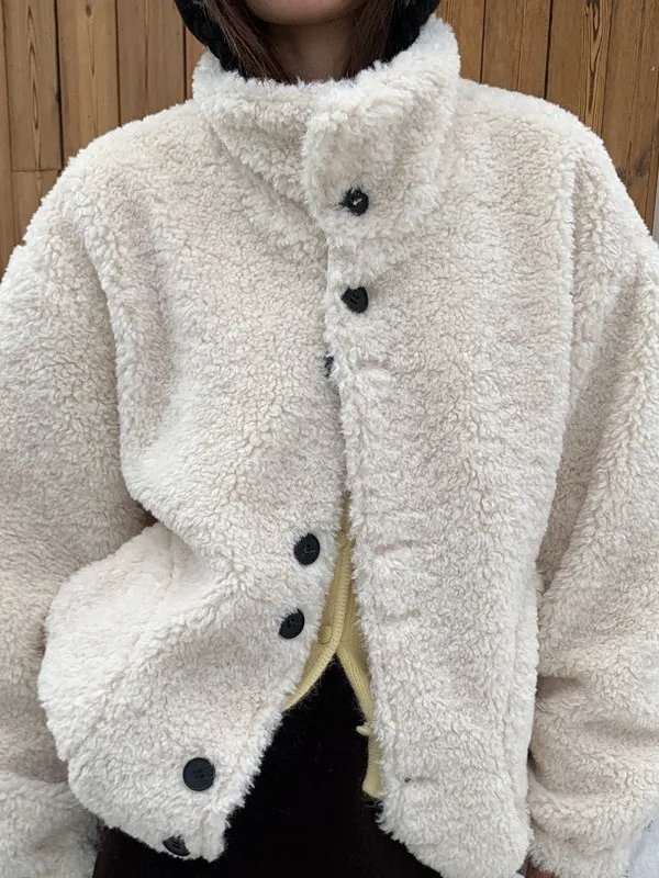 

Soft Lamb Fur ort Coat Double Sided Wear Single Button Stand Collar Warm Cotton Women's Jaet Chinese Brand Winter Outerwear