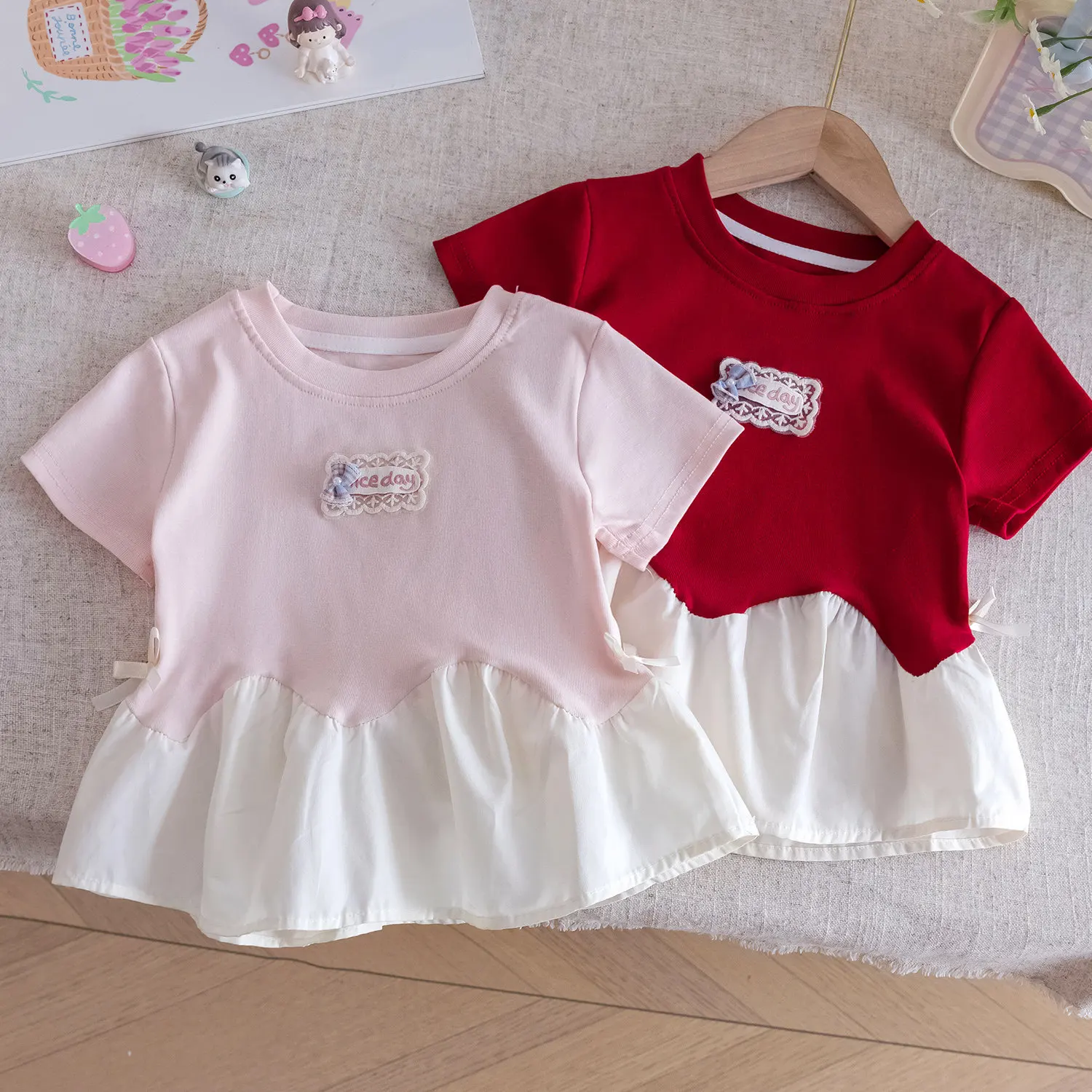 Girls T-shirt 2026 Spring and Summer New Children's Clothing Korean Style Girl Baby Foreign Lace Splicing Short-sleeved T-shirt