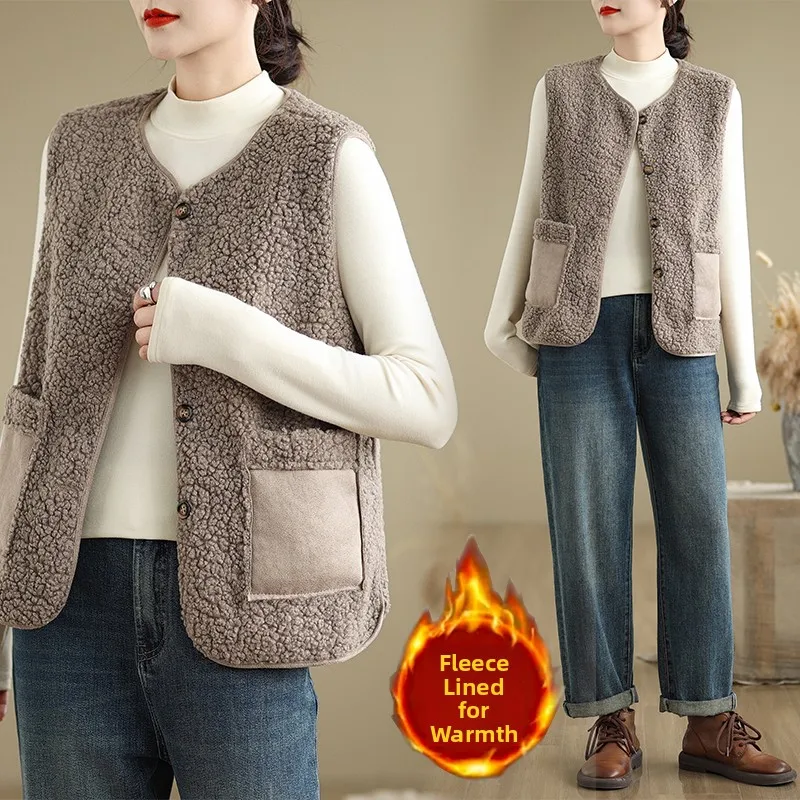 

Retro Artistic round Ne Lamb Fur Vest Women's Autumn Winter New Sle Faionable Versatile Layerable Warm Outerwear Top