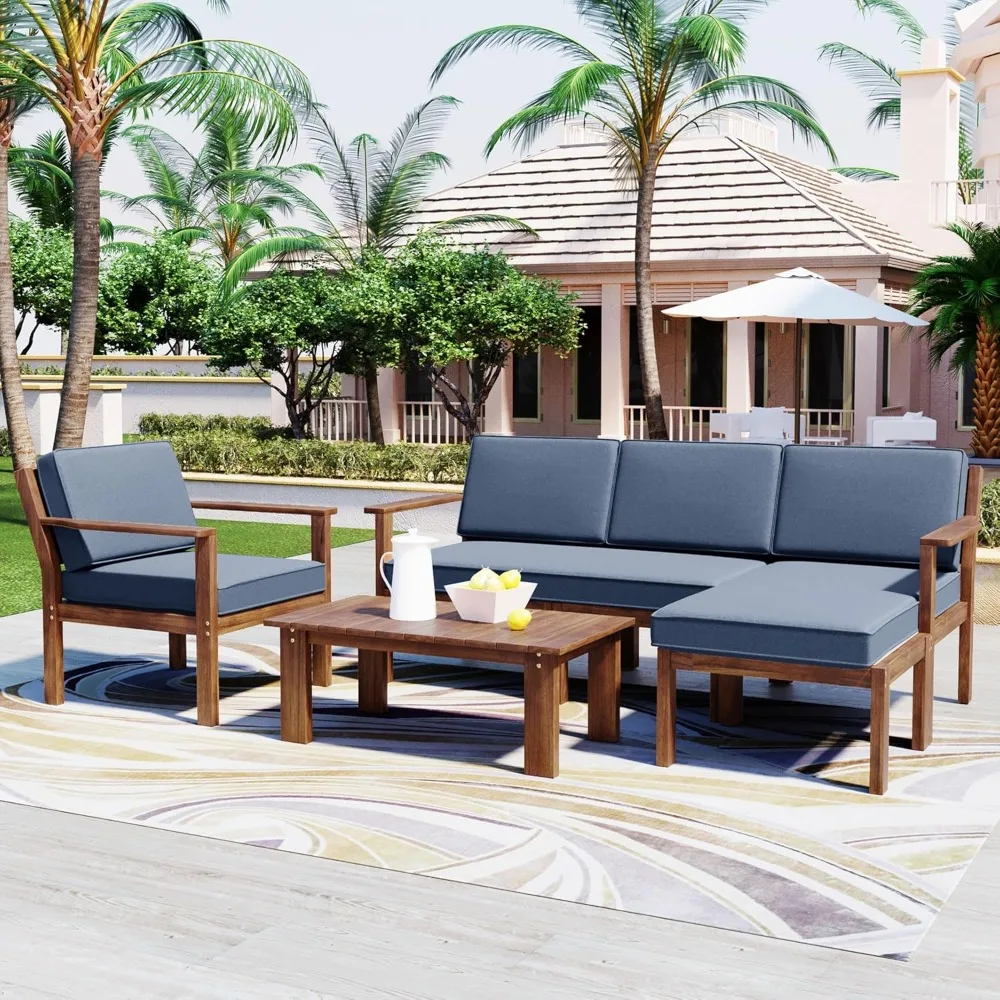 4 Piece Patio Furniture Set, Multi-Person Sofa Set with a Small Table, 4-Piece Outdoor Sofa Set with Pillows and Cushions, Gray