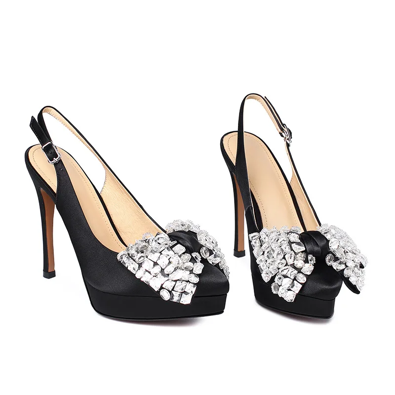 Women's Satin Platform Slingback Stiletto Heels Crystal Bow Detail Pointed Toe Elegant Luxurious Classic Ladies Wedding Shoes