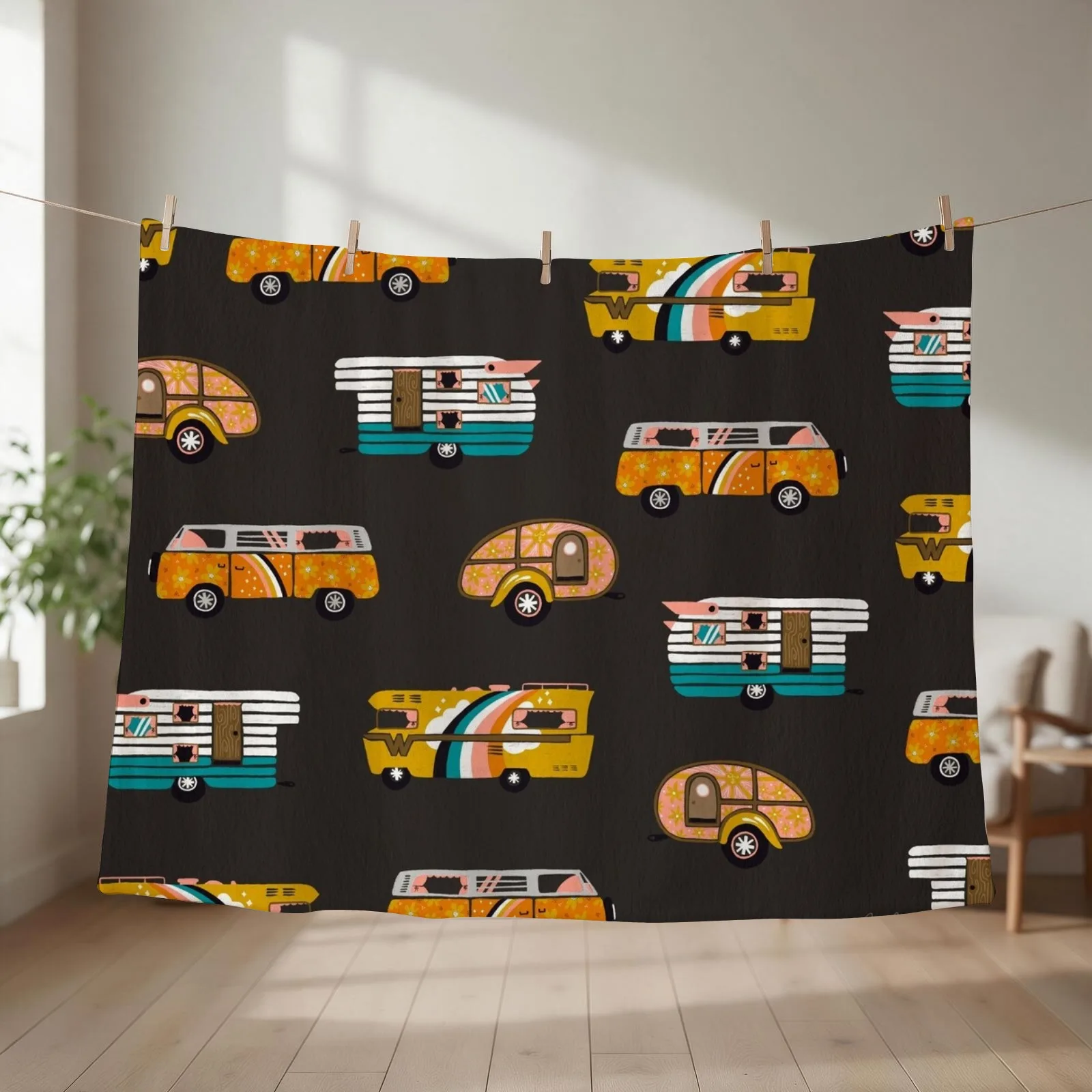 Retro Road Trip – Charcoal Throw Blanket couch cozy soft plush fuzzy picnic outdoor blanket