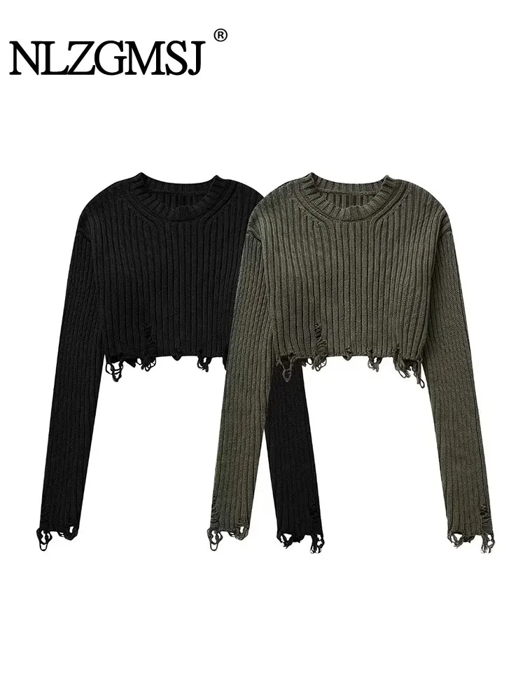 Nlzgmsj TRAF 2023 Autumn New two-tone Women Fashion Solid color Pullover Sweater V-Neck Long Sleeves Casual Ladies