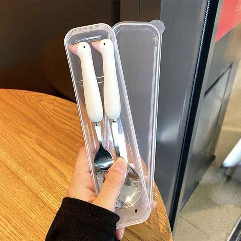 Cute Ins Portable Cat Claw Goose Spoon Fork Set Two Piece High-value Set For Office Workers  For Outdoor Use