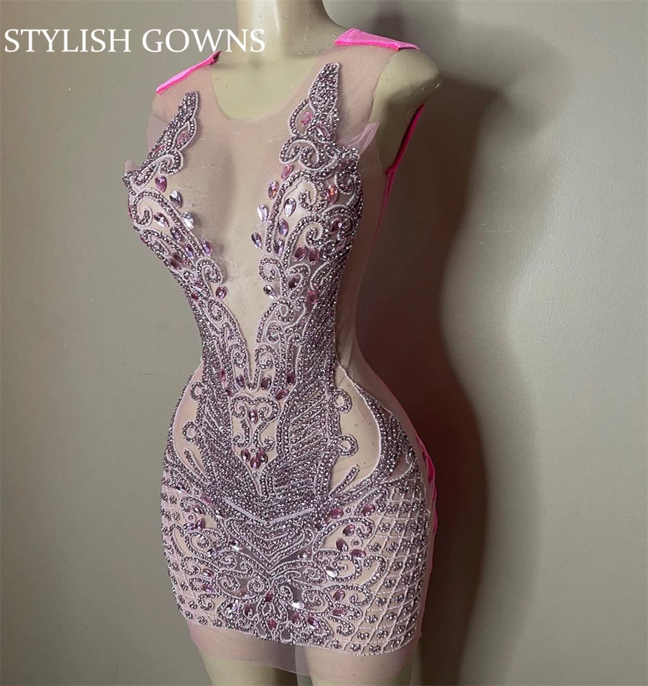 

Pink Sheer O Neck Short Prom Gowns For Black Girls 2025 Beaded Crystal Birthday Party Dresses Homecoming Cocktail High Slit Robe
