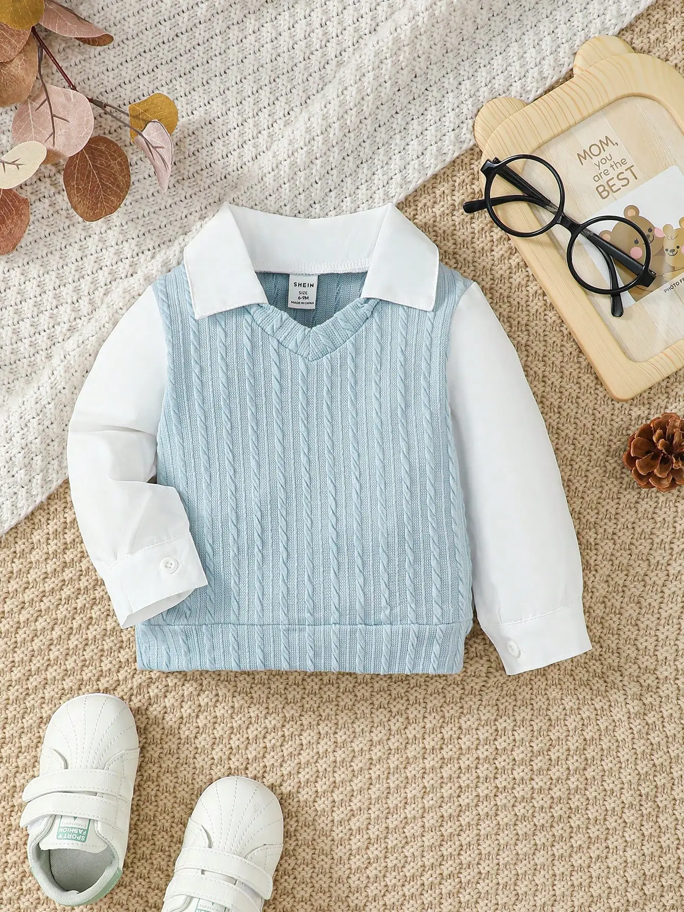 Boys And Girls 6-36m Soft And Comfortable Lapel Jacquard Long-Sleeved Pullover Top Spring And Autumn