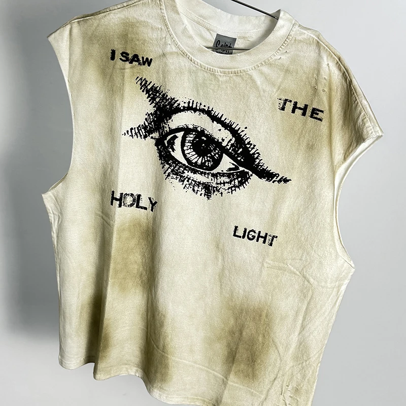 Streetwear Saint Vest Men Vintage Washed Apricot Made Dirty Sleeveless T Shirt Best Quality I Saw The Holy Light T-Shirt