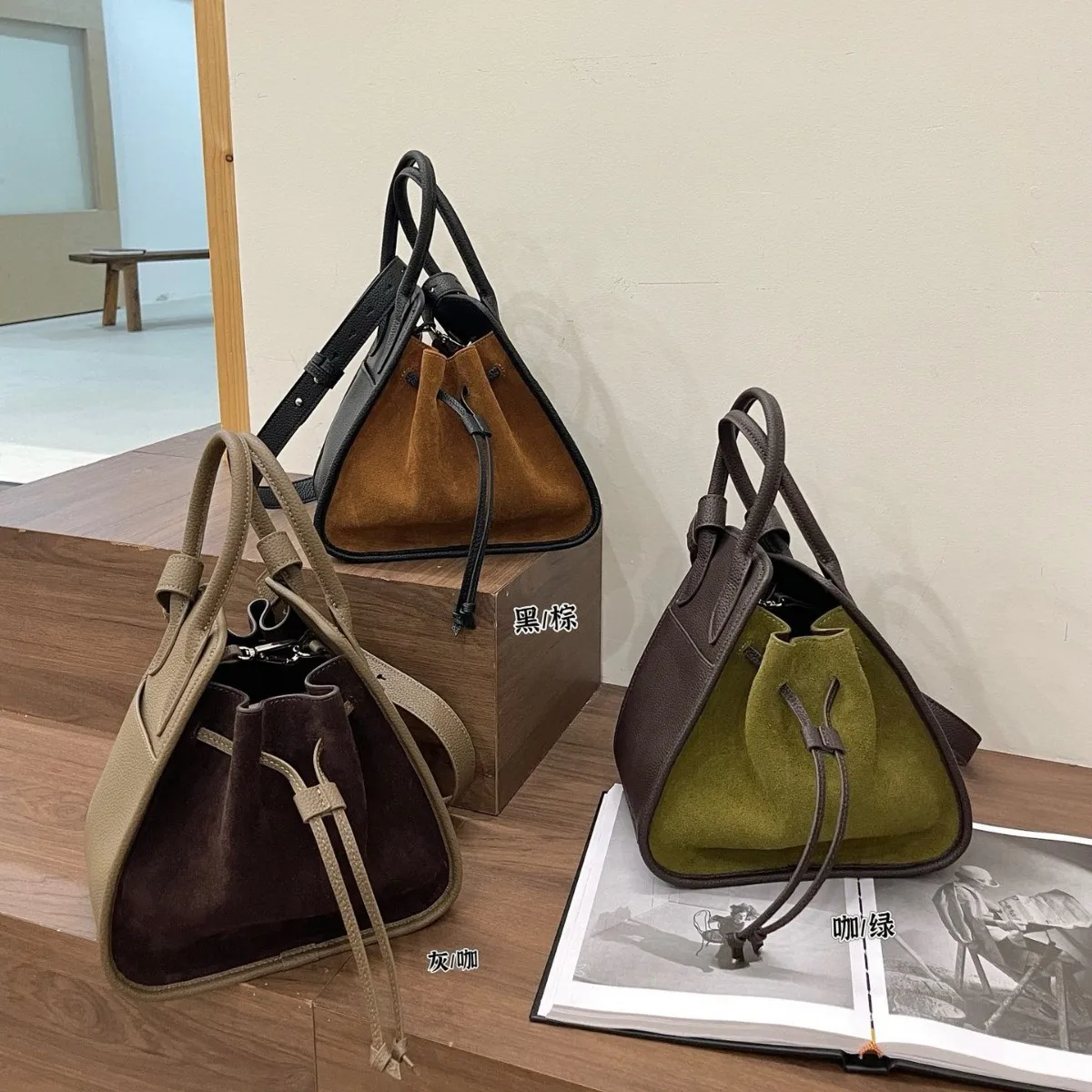 

Sanded Cowhide Vegetable Basket Bucket Bag Women's High-End Genuine Leather Niche Handbag Large Capacity Crossbody Tote Bag