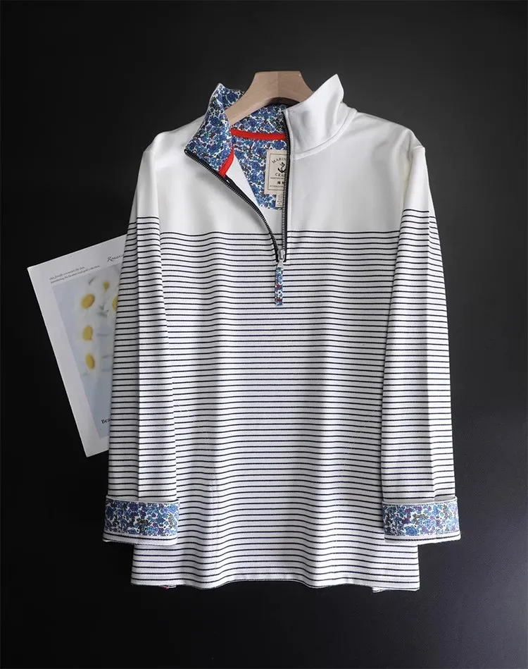 Small Niche Design Patchwork Half Zipper Pullover Polo Shirt Casual Hoodie Women's Plus Size Striped Sports Thin Jacket Spring