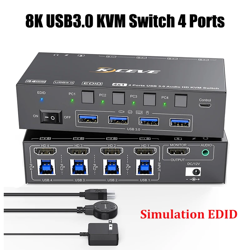 

8K KVM Switch 4 Ports, 8K@60Hz 4K@144Hz Simulation EDID, USB3.0 KVM Switch for 4 Computers Share 1 Monitor and Share Keyboard