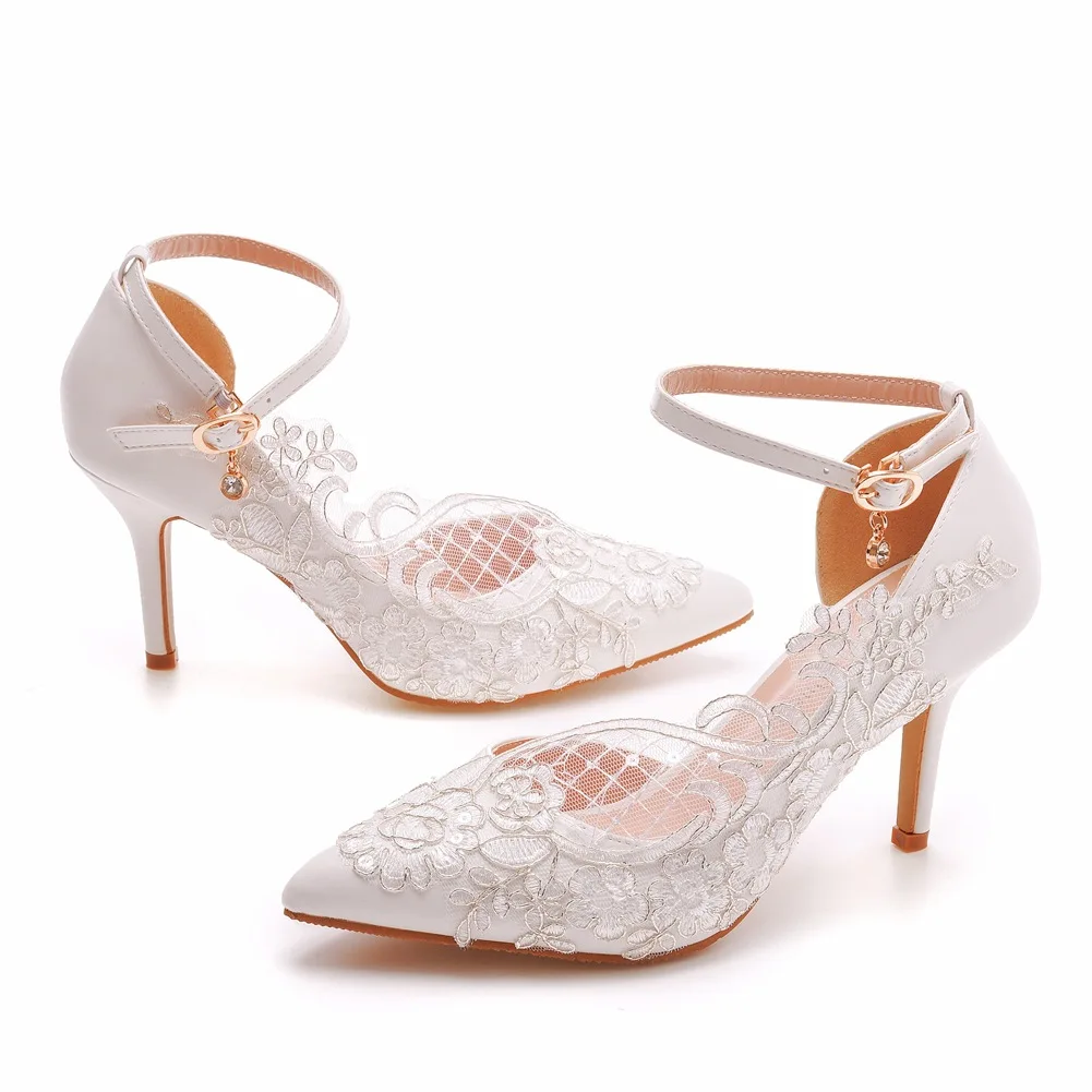 

8cm foreign trade plus size slim heel pointed white lace mesh wedding shoes, early spring side air sandals