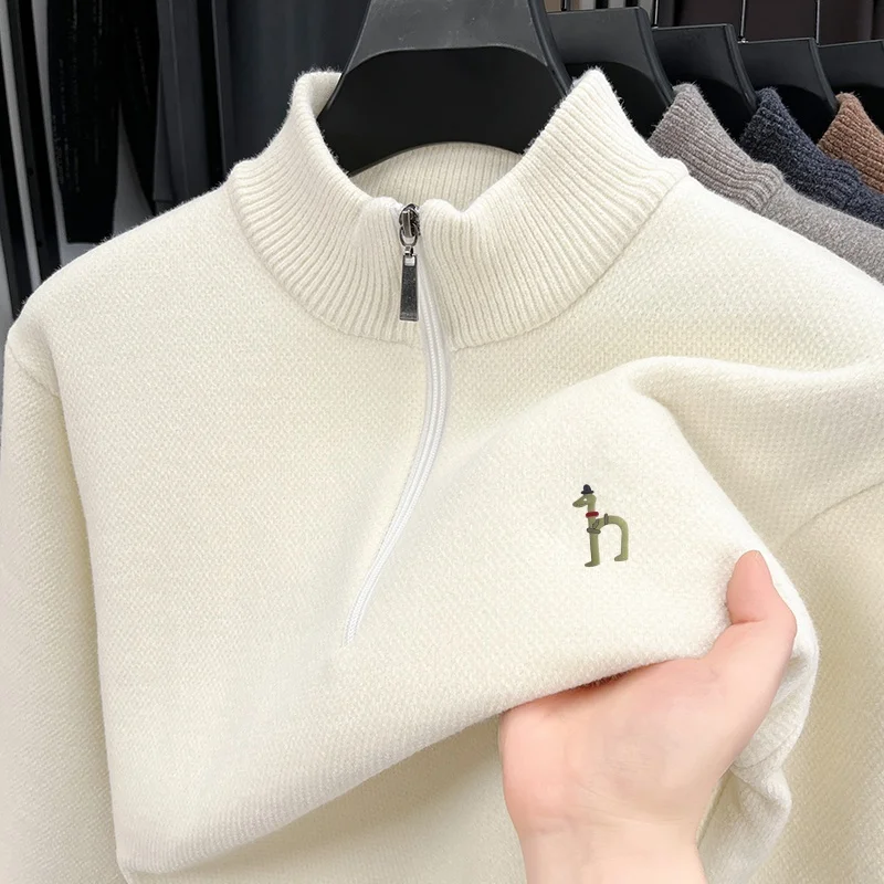 Hot Selling Originele Kwaliteit Heren Gebreide Trui Half Zip Pluche Dikke Opstaande Kraag Hond Print Trui Winter Warm Herenkleding