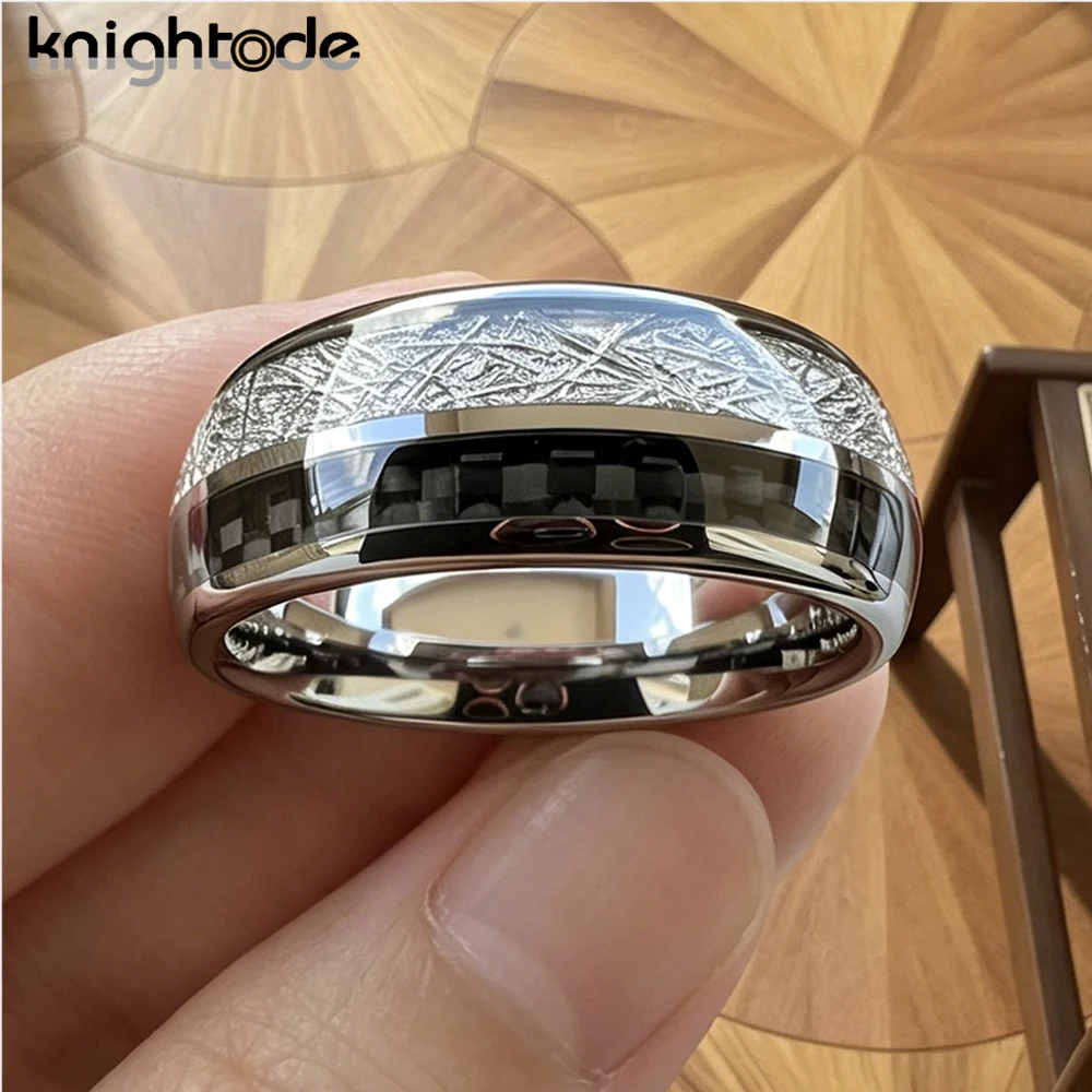 8mm Men\'s Tungsten Carbide Wedding Band White Meteorite/Black Carbon Fiber Valentine Engagement Ring Dome Polished Comfort Fit