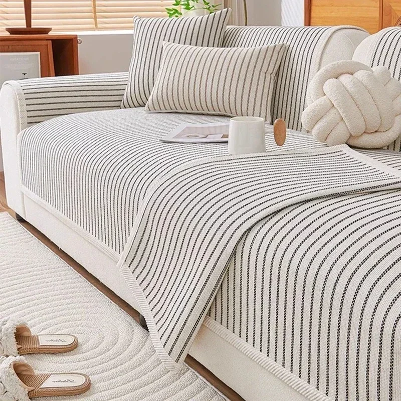 1PC Chenille White Strips Sofa Towel for Living Room Non-Slip Sofa Cover Four Seasons Universal Couch Cushion Seat Home Decor